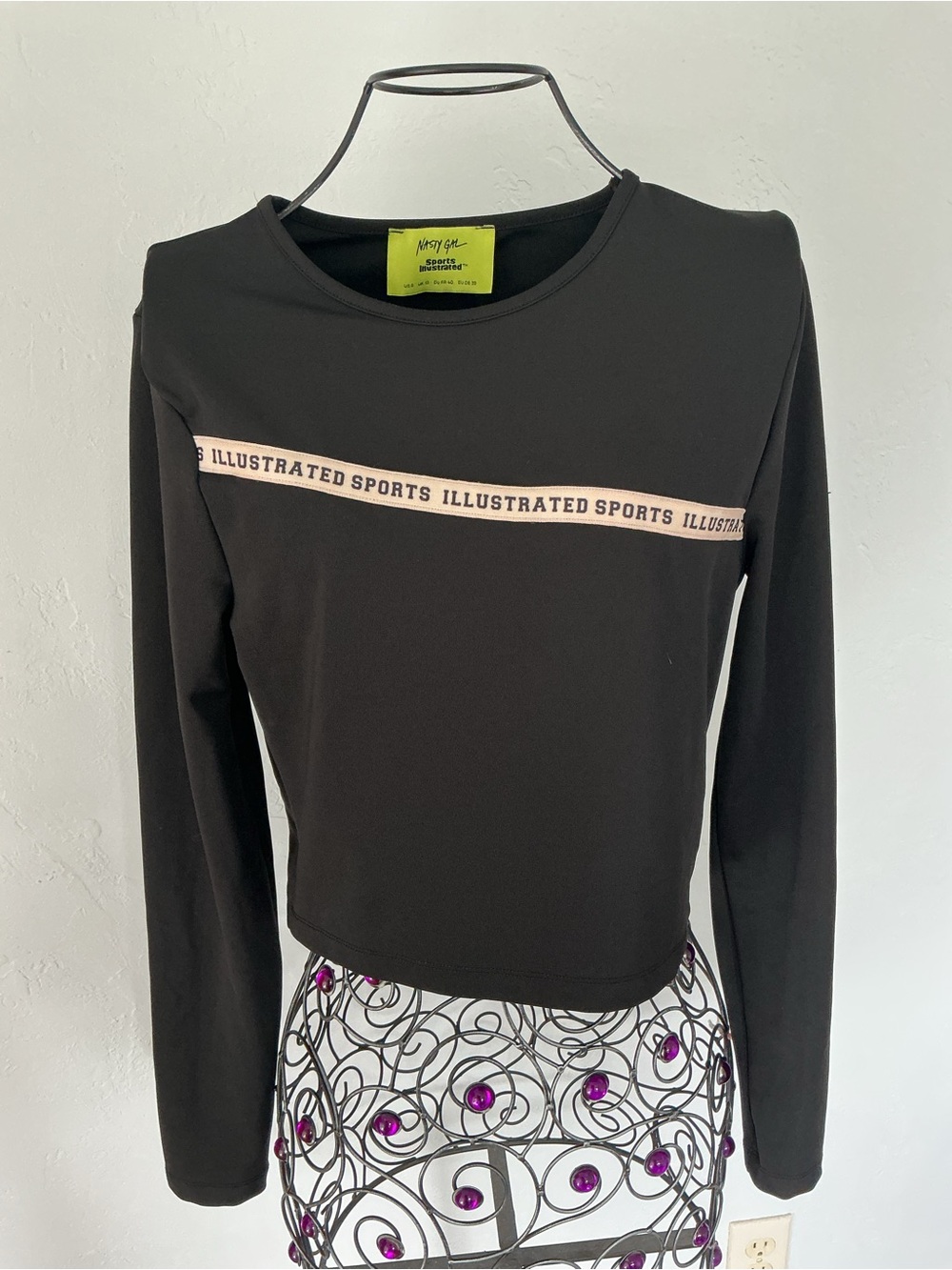 Nasty Gal Black Long-Sleeve Cropped Tee with Cream Logo Stripe